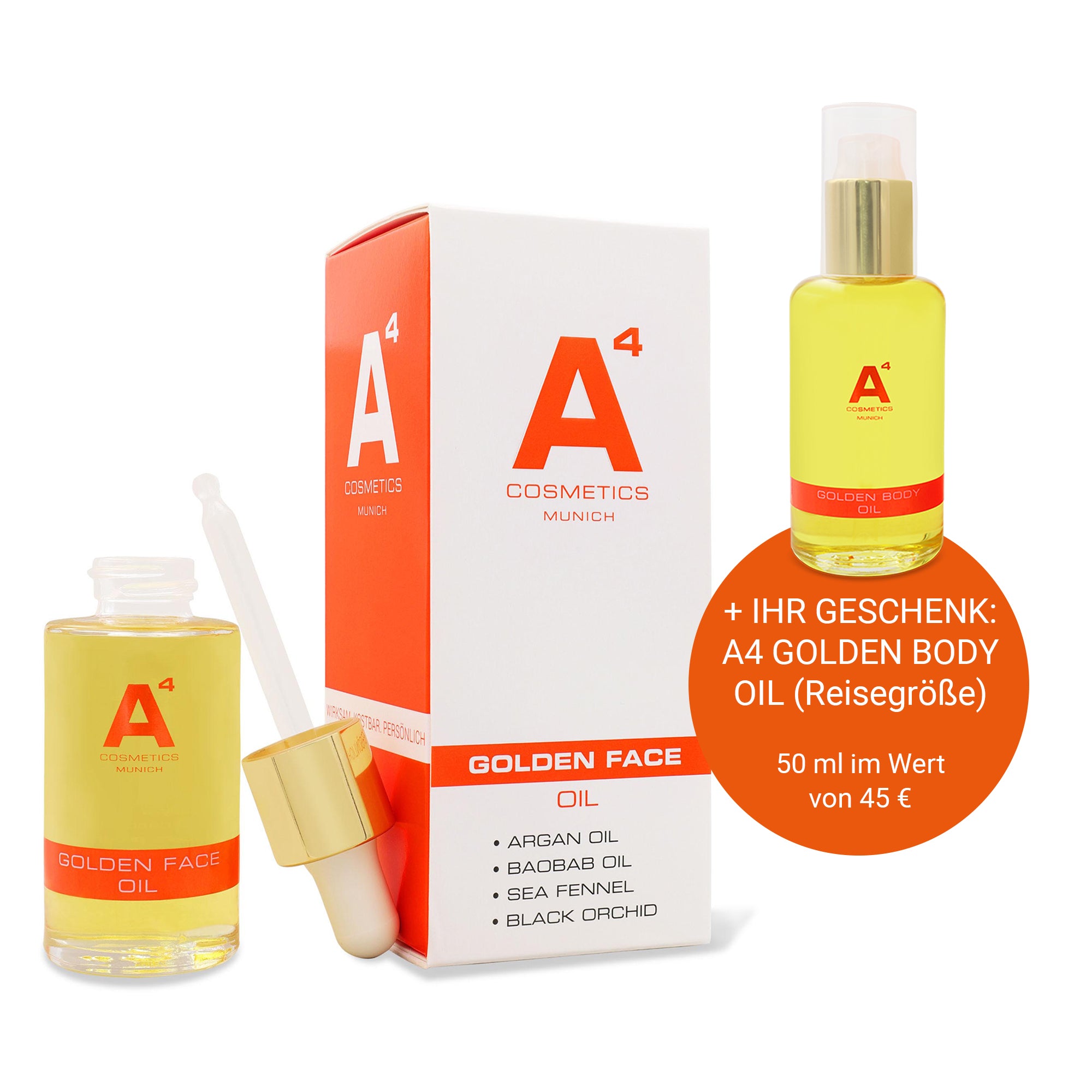 A4 Golden Face Oil | mit gratis Golden Body Oil (50ml Reisegröße)
